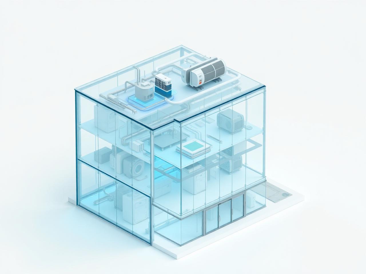 Illustration eines Bürogebäudes mit Etagenregelung, Lüftungszentrale und Energiemonitoring