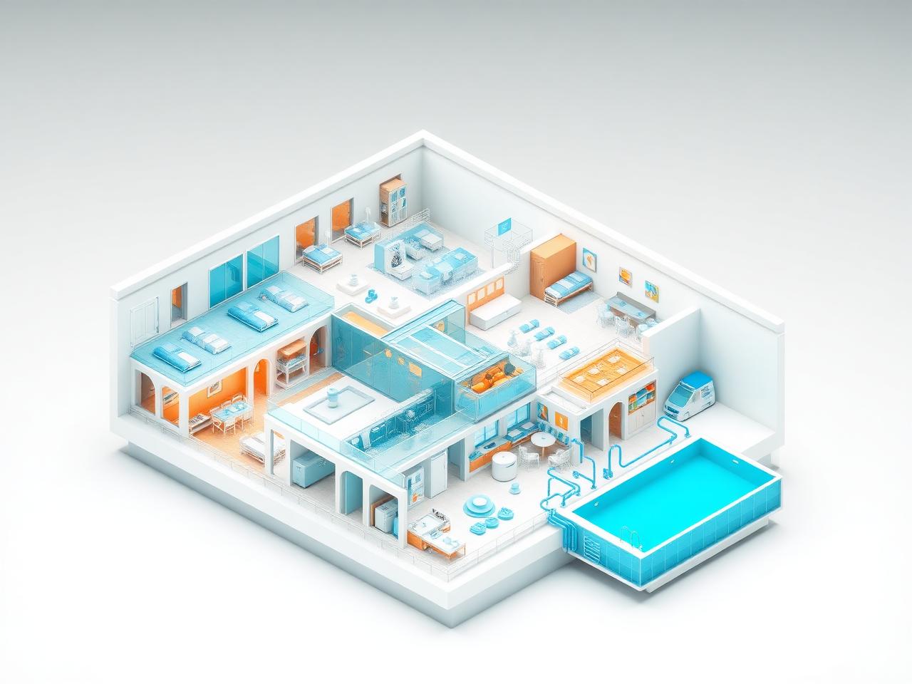 Illustration eines Hotelgebäudes mit Zimmerregelung, Lüftung, Wellnessbereich und Heizzentrale