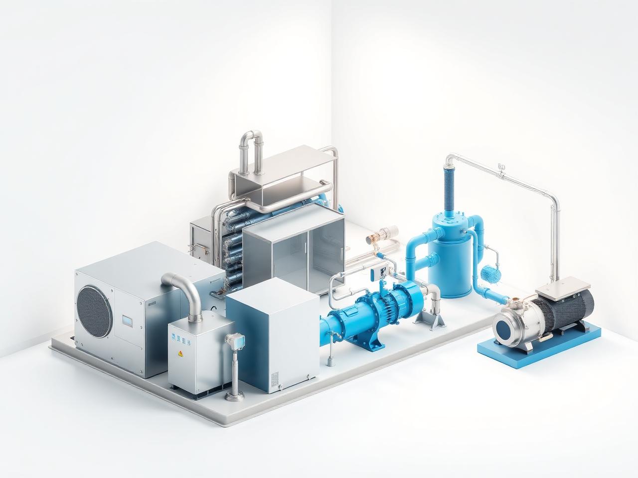 Illustration einer Produktionshalle mit Prozesskälteanlage, Pufferspeicher, Pumpengruppe und Schaltschrank