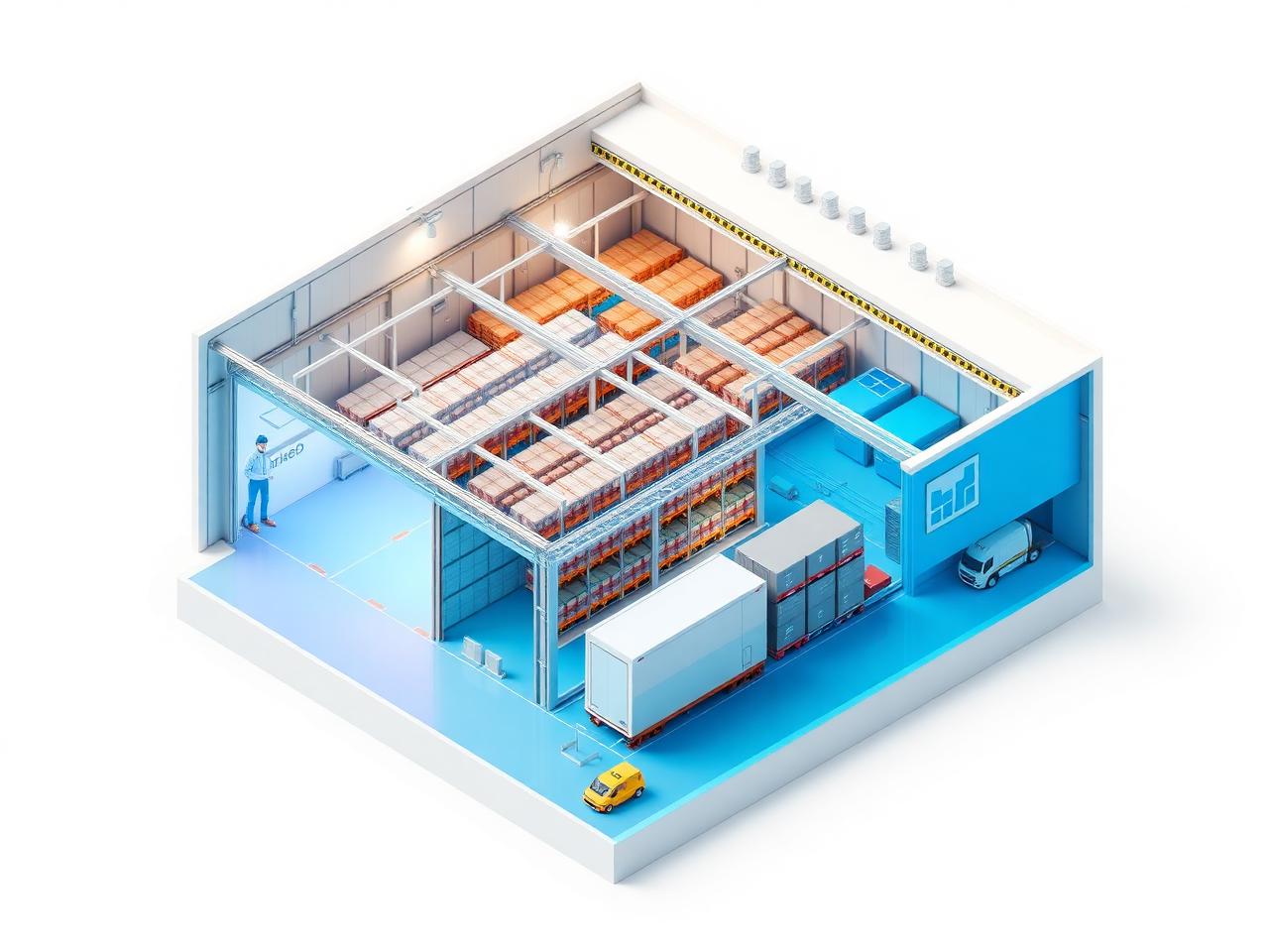 Illustration eines Logistikzentrums mit Kühllager, Verladetoren und Regelung der Torschleusen