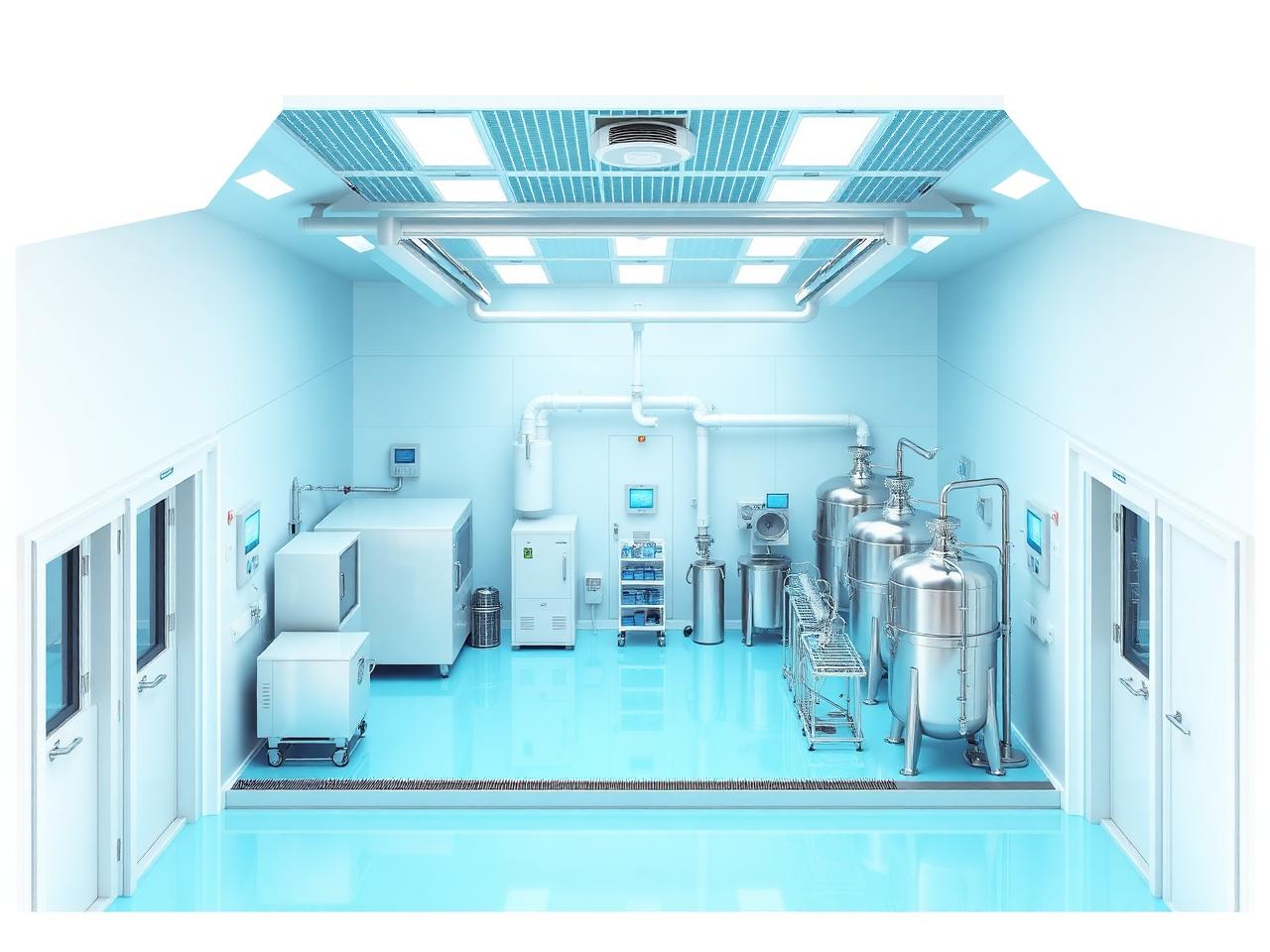 Illustration eines Pharma-Reinraums mit Schleuse, Lüftungstechnik und dokumentierter Temperaturüberwachung