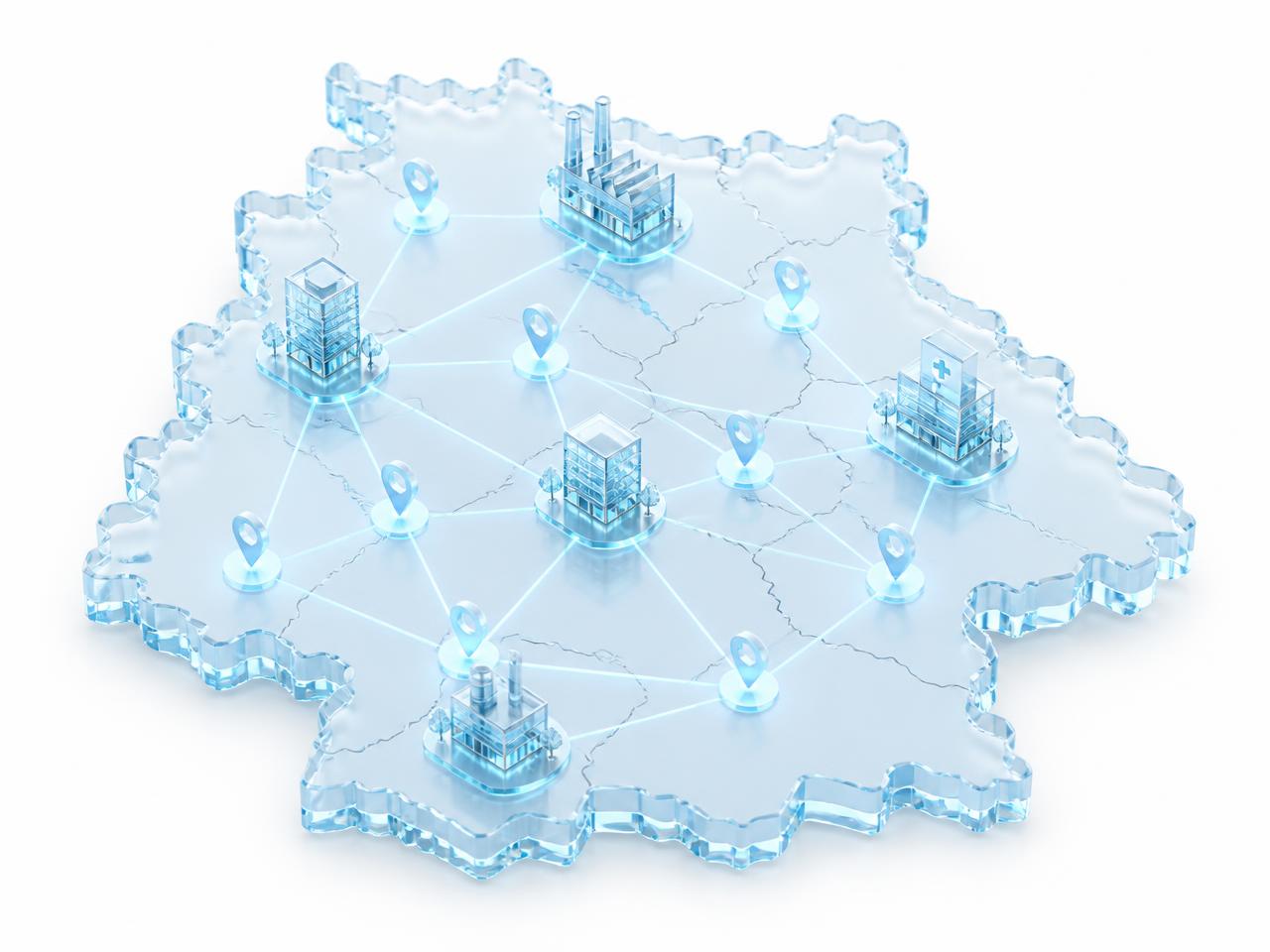 Illustration einer Karte mit Standortmarkierungen und Gebäuden als Symbol für die regionale Kundenbasis