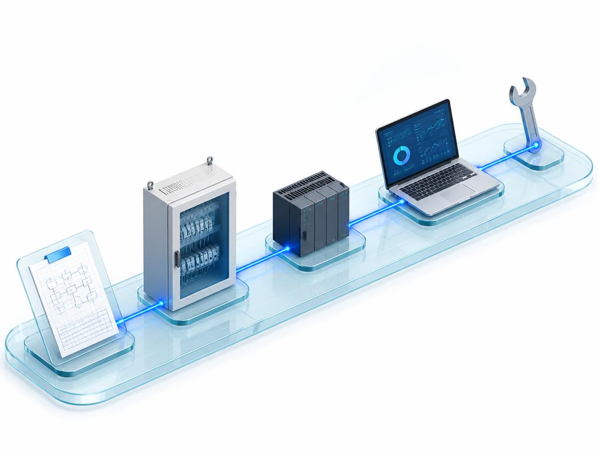 Illustration verbundener Prozessschritte auf einer Glasschiene: Planungsunterlage, Schaltschrank, Automationsstation, Auswertung und Service – durch eine durchgehende Linie verbunden